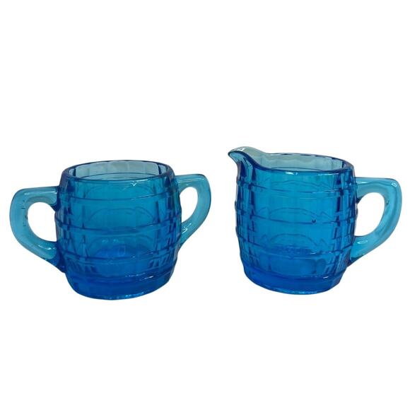 Indiana Glass Tiara Line Electric Blue Barrel Creamer And Sugar - Picture 1 of 4
